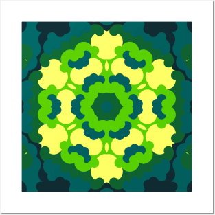 Retro Mandala Flower Green Yellow and Blue Posters and Art